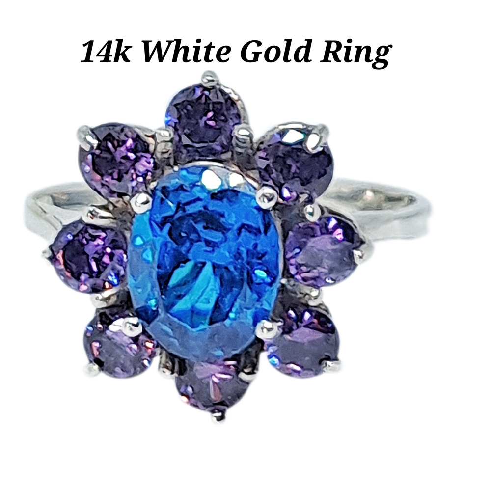14k White Gold Ring with Floral Blue and Purple Gemstone